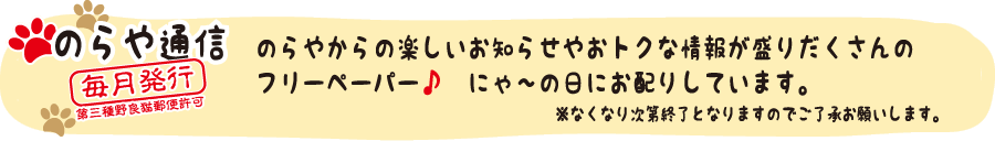 のらや通信 - のらやからの楽しいお知らせやおトクな情報が盛りだくさんのフリーペーパー♪　にゃ〜の日にお配りしています（なくなり次第終了となりますのでご了承お願いします）。